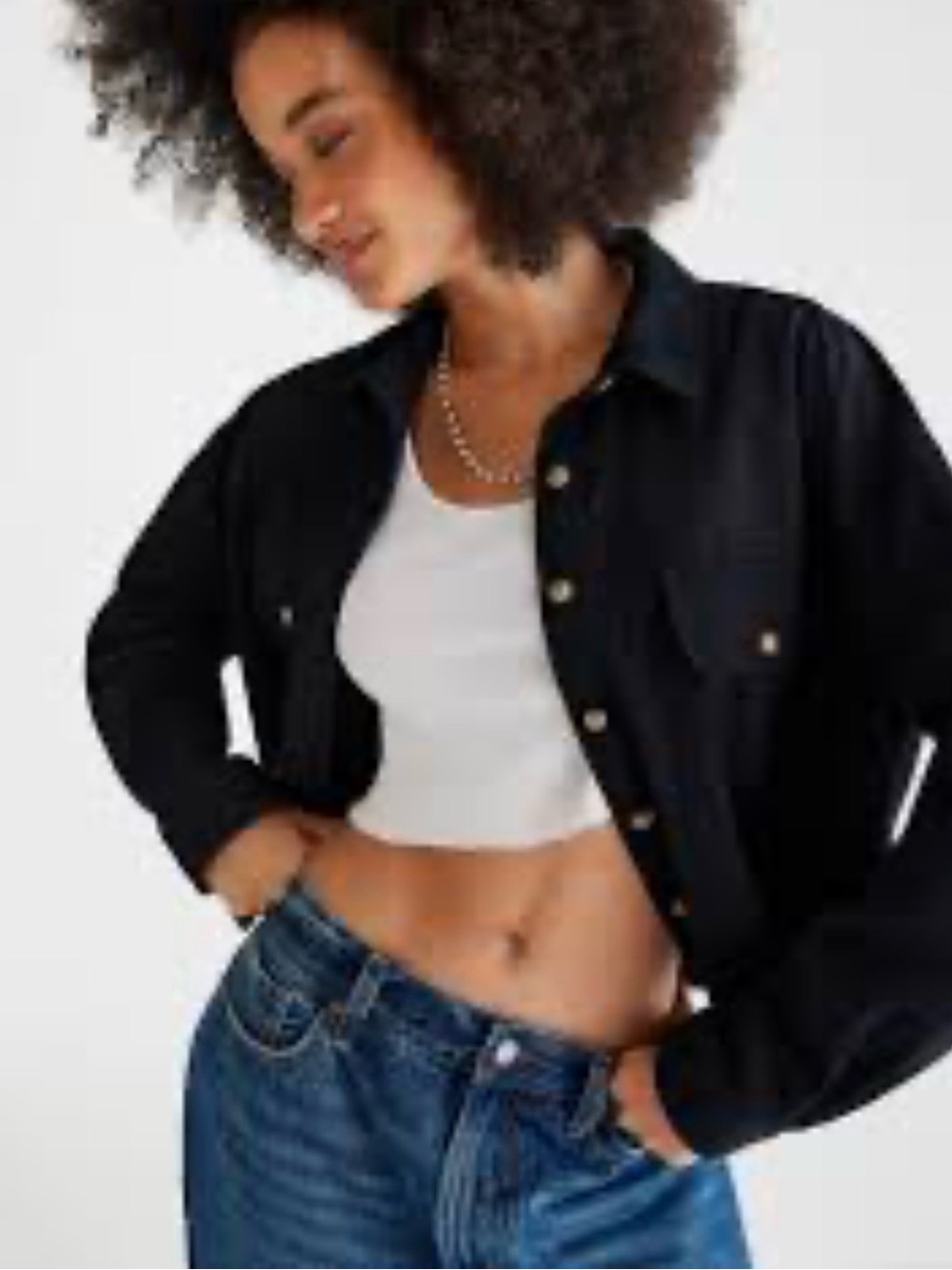 Aeropostale Womens Black Button Up Cropped Twill Shirt Jacket Shacket Sz S SOFT